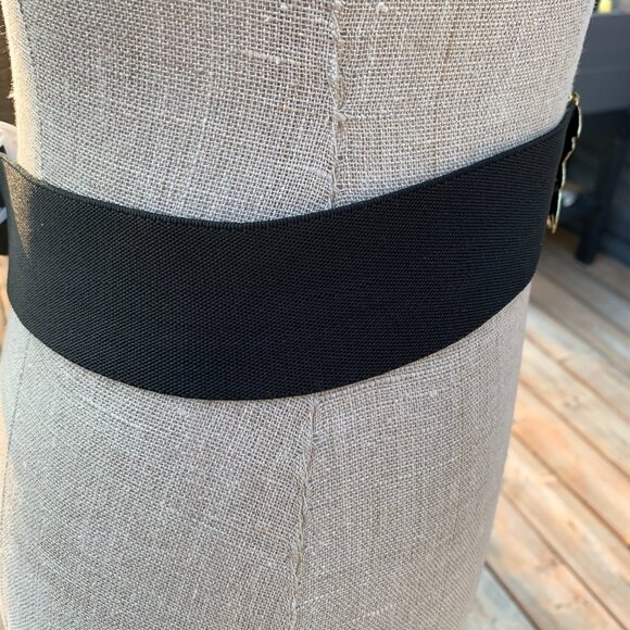 Vintage 80s Black Elastic Statement Buckle Cinch Waist Retro Belt - Picture 5 of 11